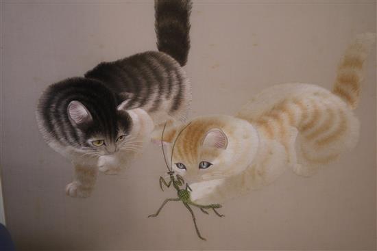 A Chinese embroidered silk picture of kittens and a Berlin needlework panel of children, 91 x 40cm and 48 x 36cm